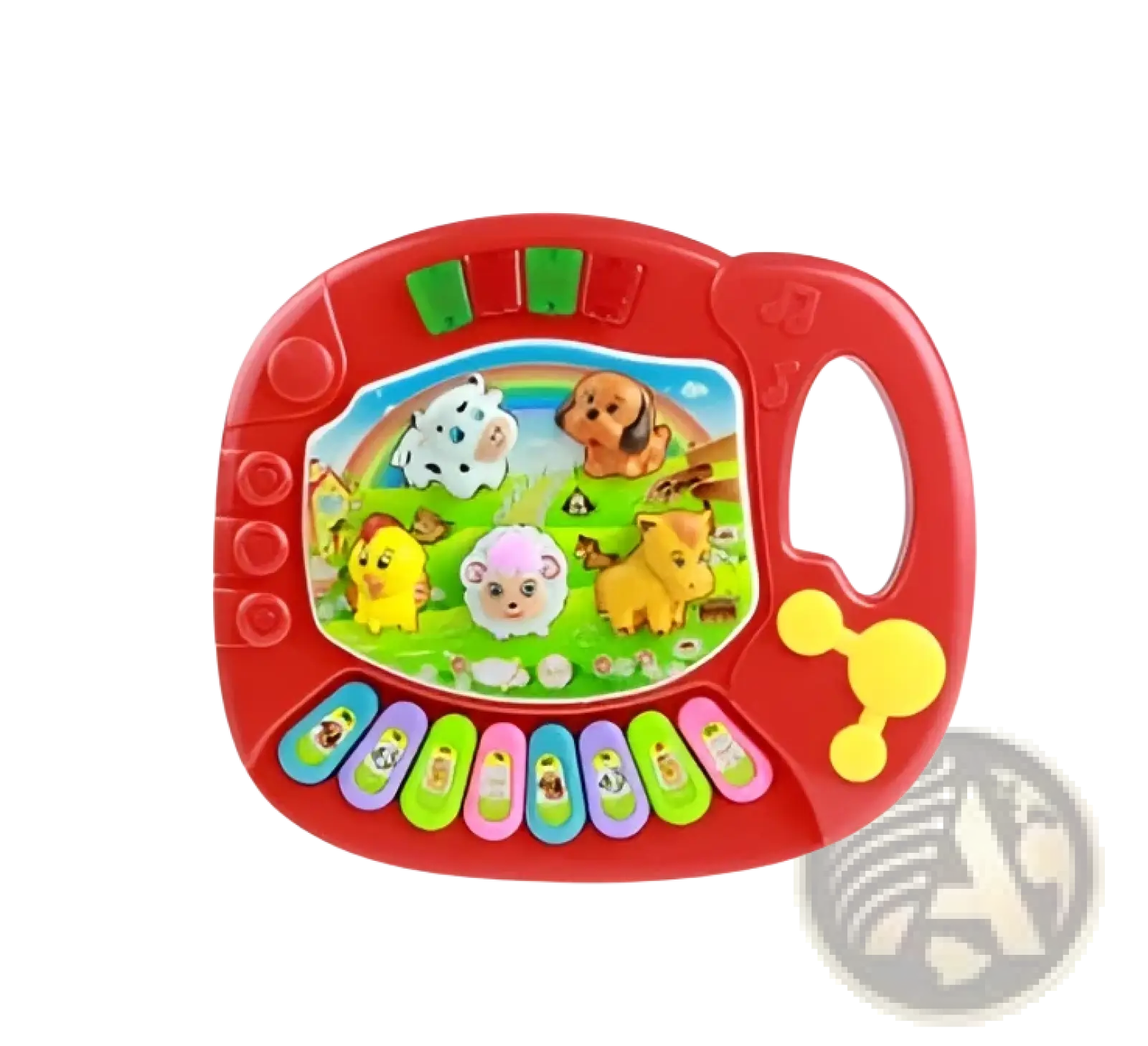 Red plastic farm animal piano musical toy for kids 3+ with colorful animal illustrations and rainbow-themed design