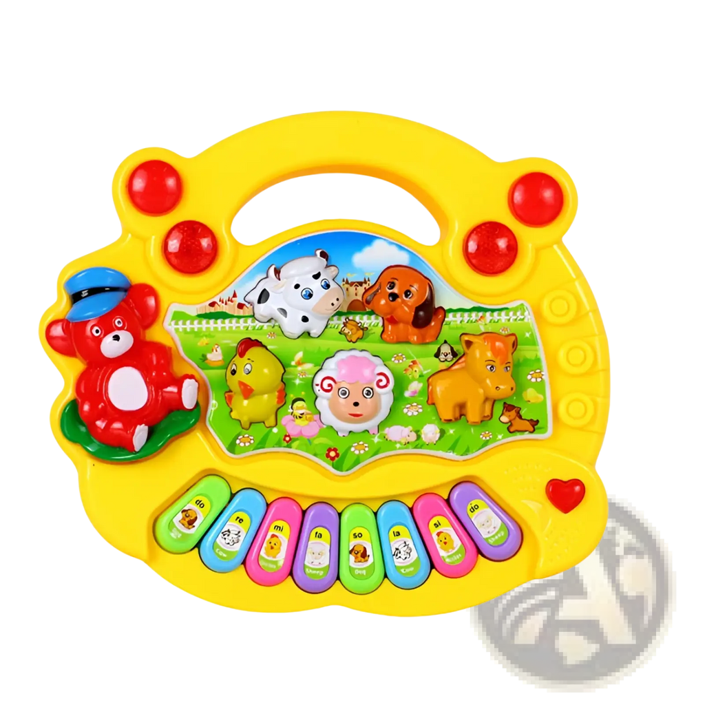 Yellow plastic farm animal piano musical toy with colorful keys and red bear figure for kids 3 plus