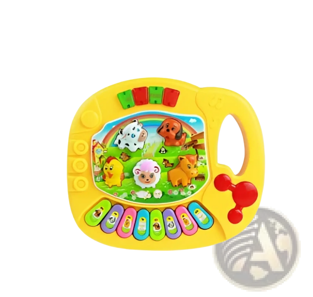 Yellow plastic farm animal piano musical toy for kids 3 plus with colorful animal illustrations and rainbow design