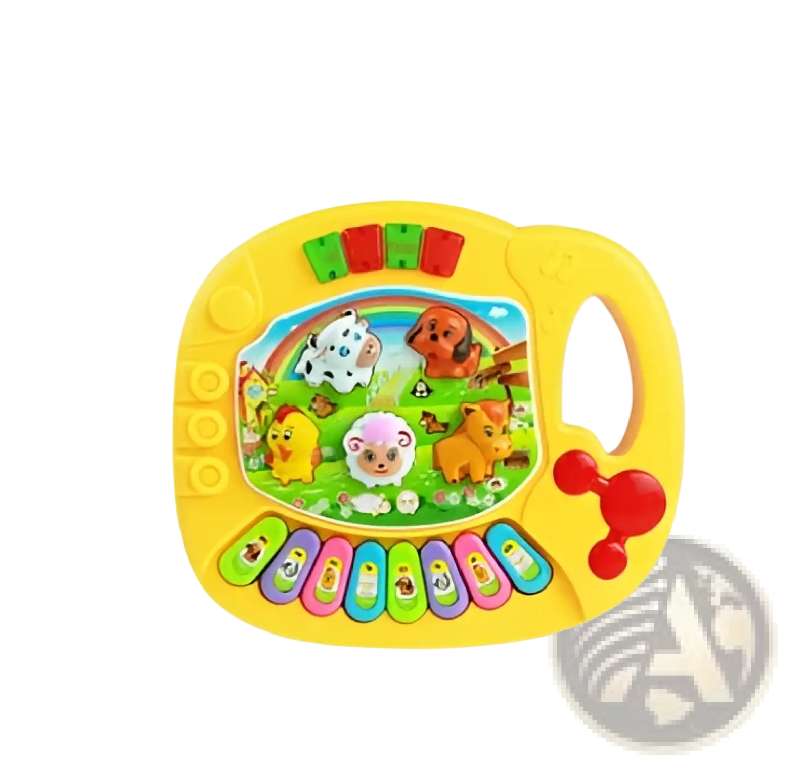 Yellow plastic farm animal piano musical toy for kids 3 plus with colorful animal illustrations and rainbow design
