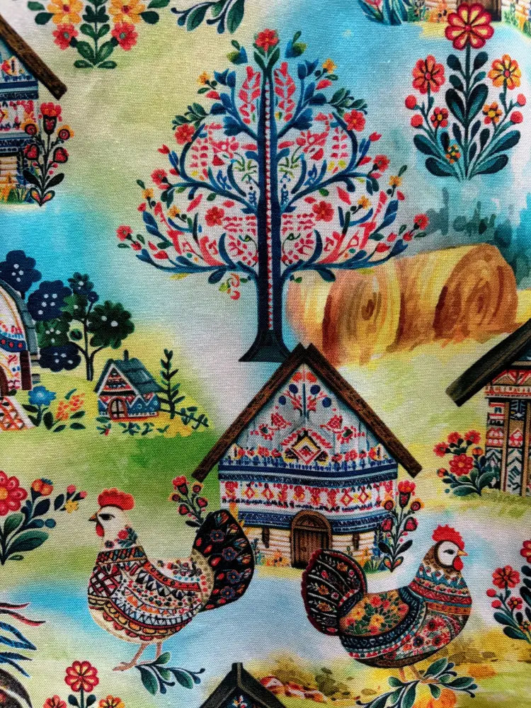 Folk art farm print sleeveless skater dress with pockets featuring vibrant folk-art fabric with chickens trees and rustic houses