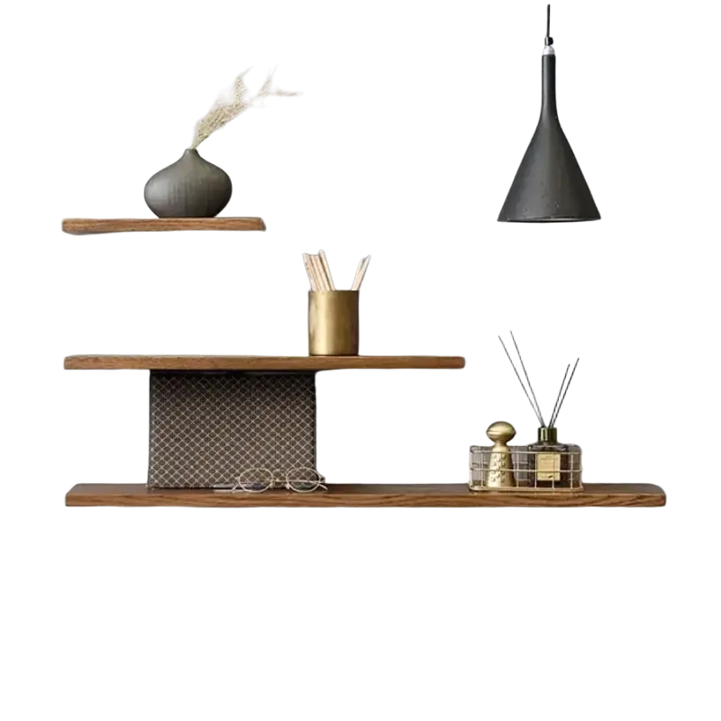 Modern floating wall farmhouse wooden shelves with a warm natural finish and wooden shelves live edge design