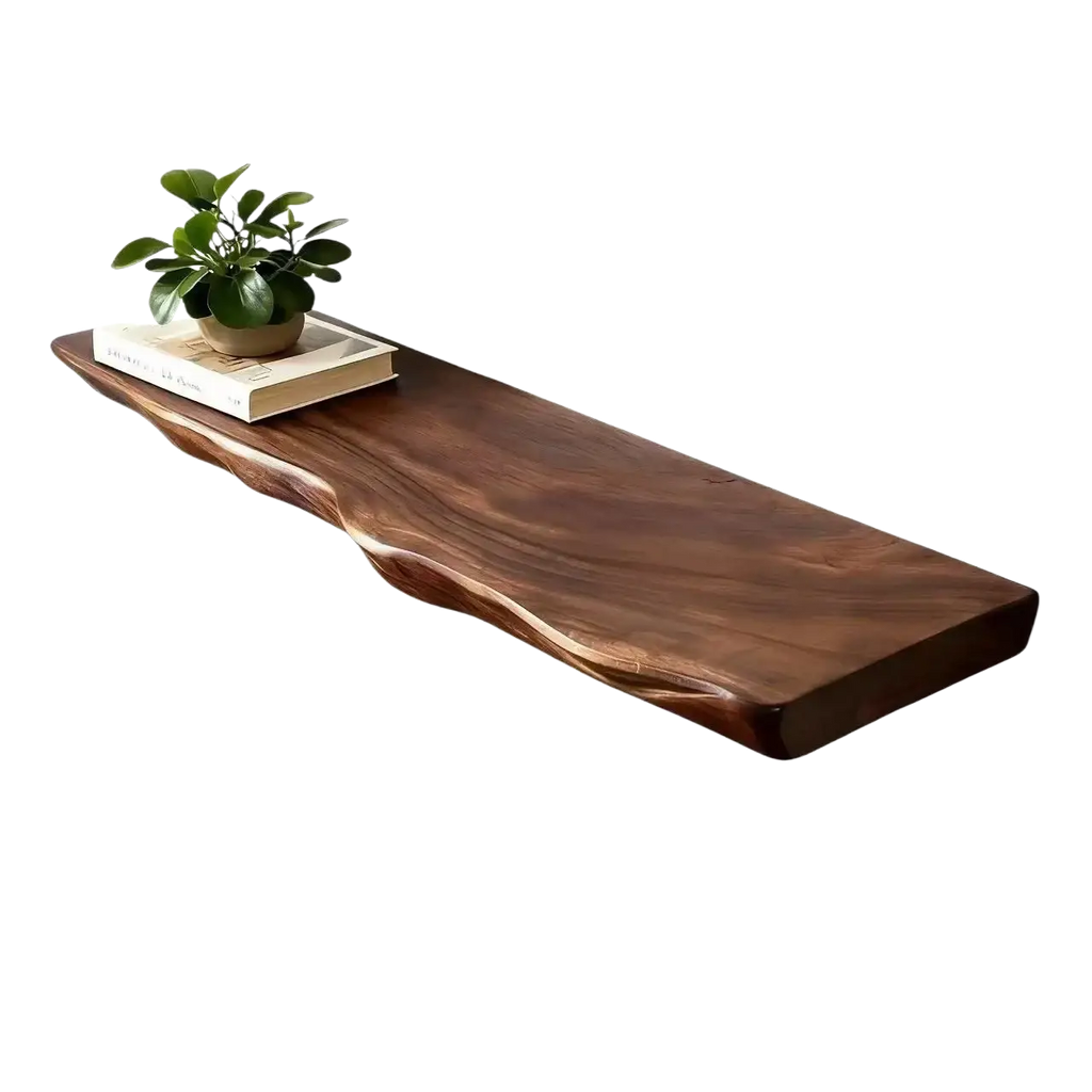 A sleek dark brown walnut wood farmhouse wooden wall shelf with natural live edge and smooth finish