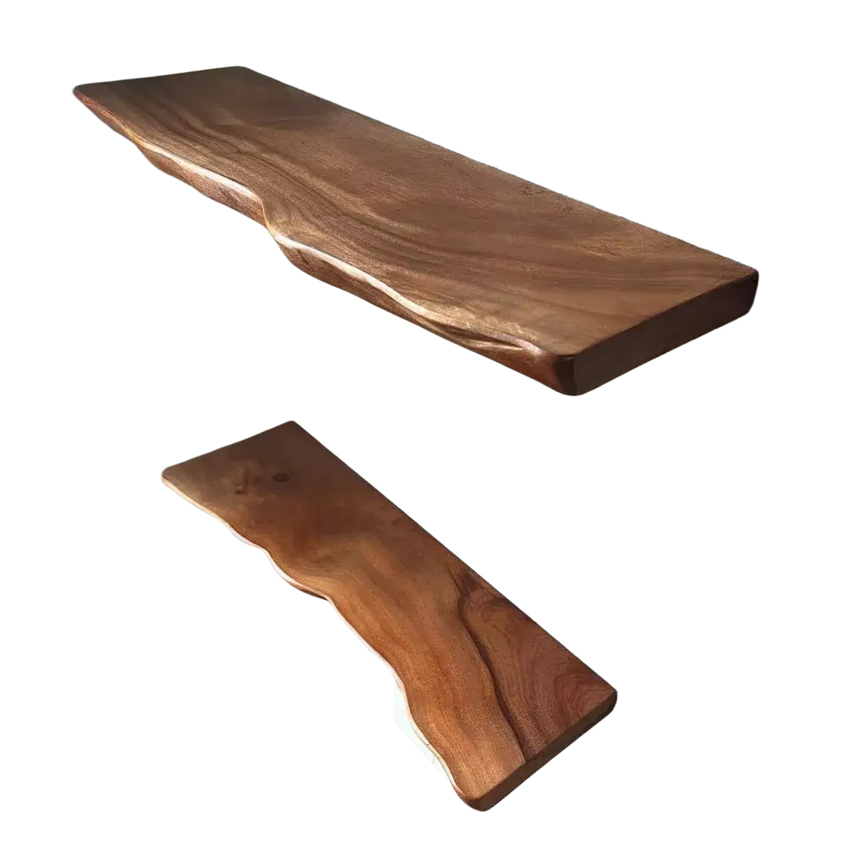Two rustic farmhouse wooden shelves with live edge design and warm brown finish showcasing natural wood grain