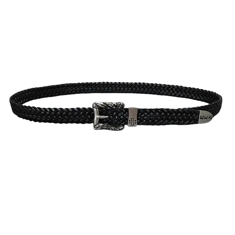 Black braided leather fashion belt male with silver ornate dragon buckle and engraved metal plates luxury designer punk