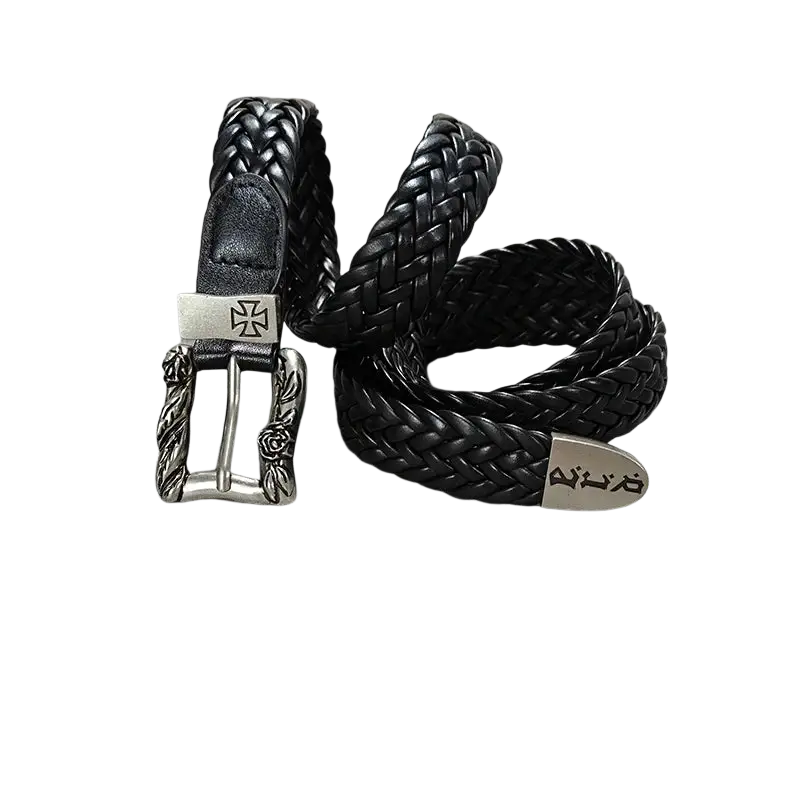 Black braided leather fashion belt male with silver-toned buckle featuring ornate cross and floral designs luxury designer punk