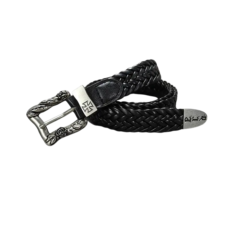 Black braided leather fashion belt male with silver rose engraved buckle and luxury designer punk engraved plate