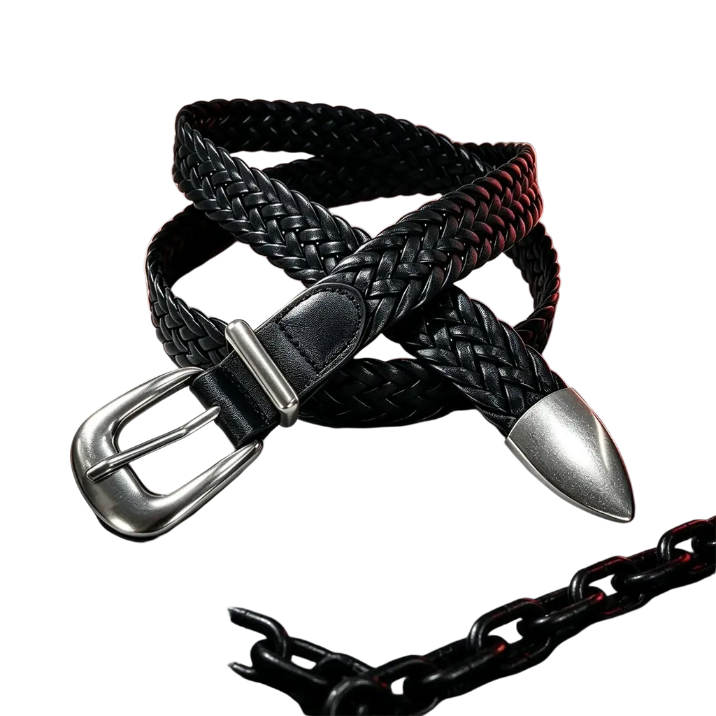 Black braided leather fashion belt male with silver-toned buckle and pointed tip luxury designer punk style