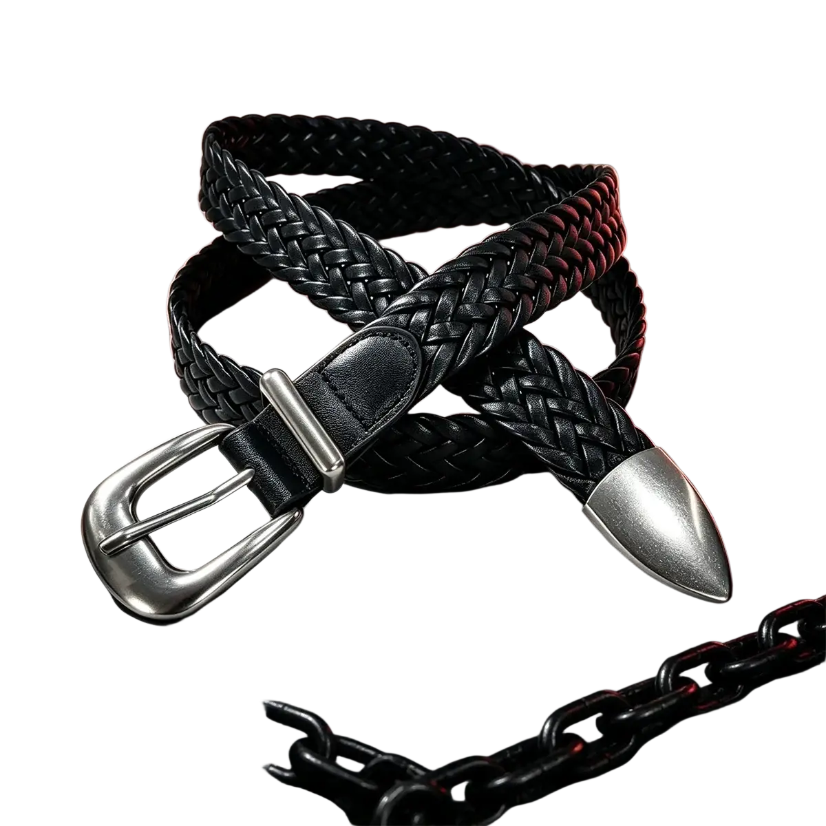 Black braided leather fashion belt male with silver-toned buckle and pointed tip luxury designer punk style