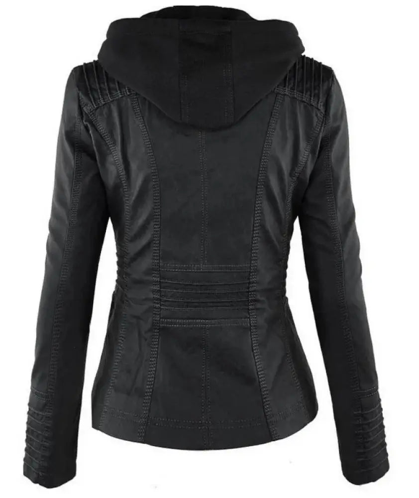 Women’s black hooded faux leather jacket with detachable hood and ribbed detailing on sleeves and shoulders