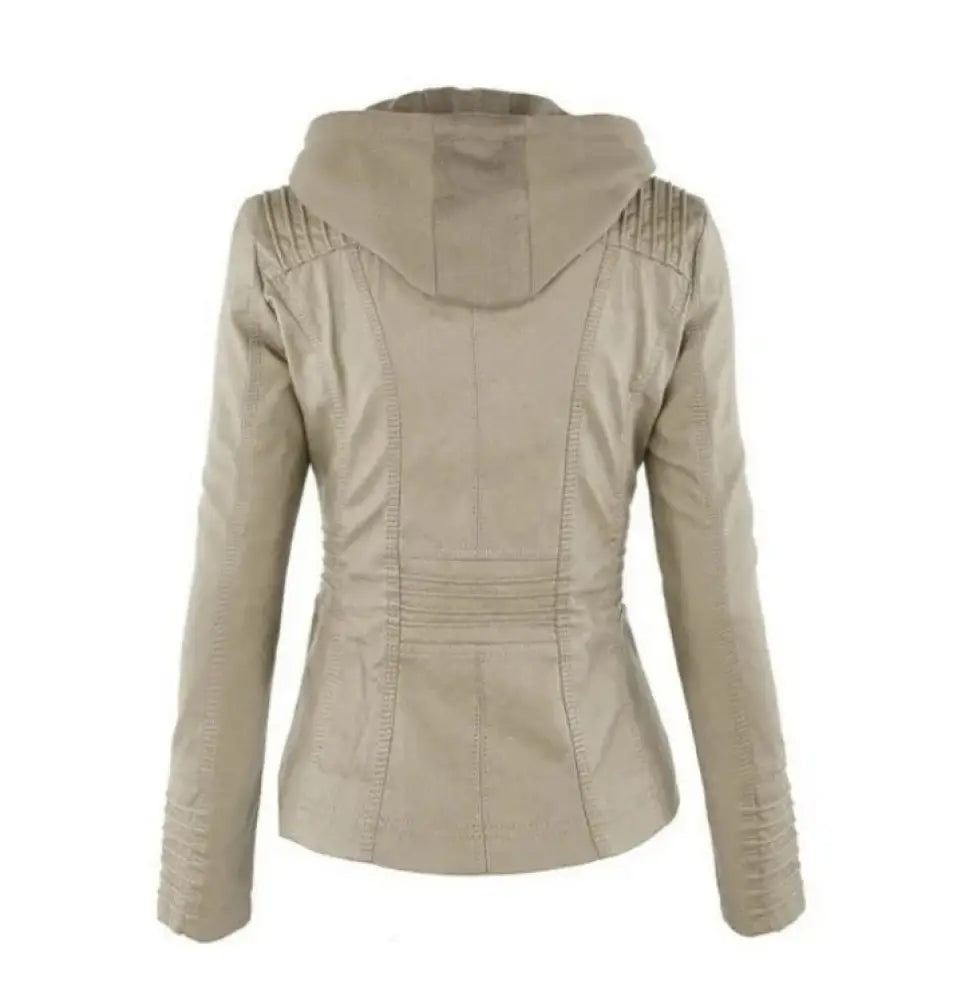 Beige women’s hooded faux leather jacket with detachable hood featuring structured seams and ribbed shoulder detailing