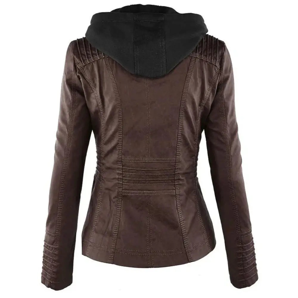 Brown women’s hooded faux leather jacket with black detachable hood and stitched detailing visible from the back side