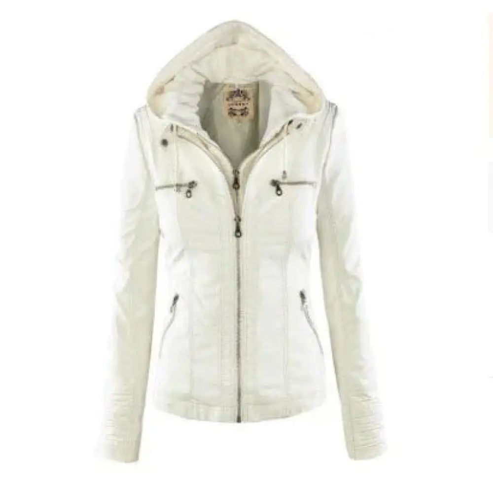 Women’s off-white hooded faux leather jacket with zipper front chest pockets and detachable hood for versatile wear