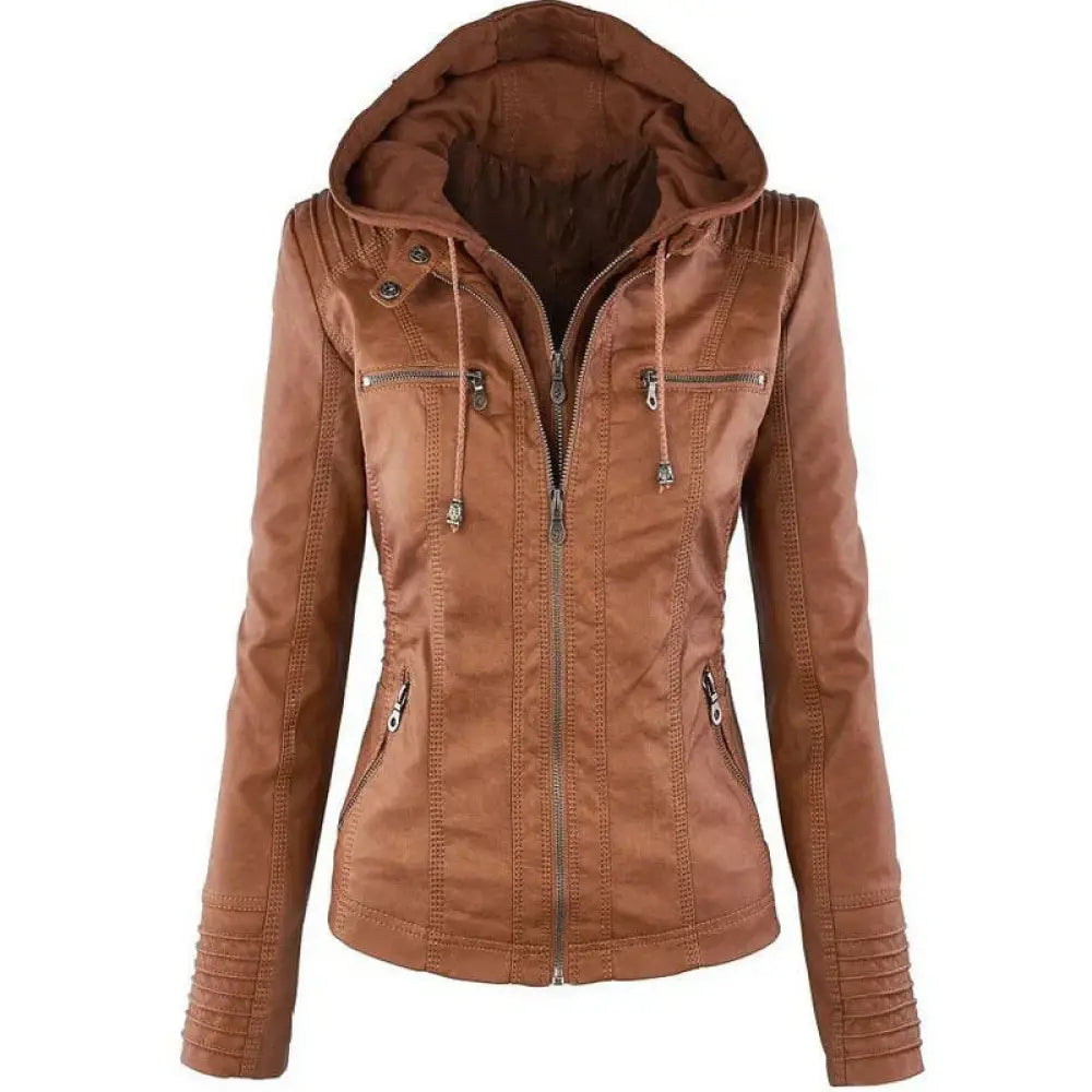 Brown women’s hooded faux leather jacket with zippered pockets ribbed cuffs and detachable hood visible from the back