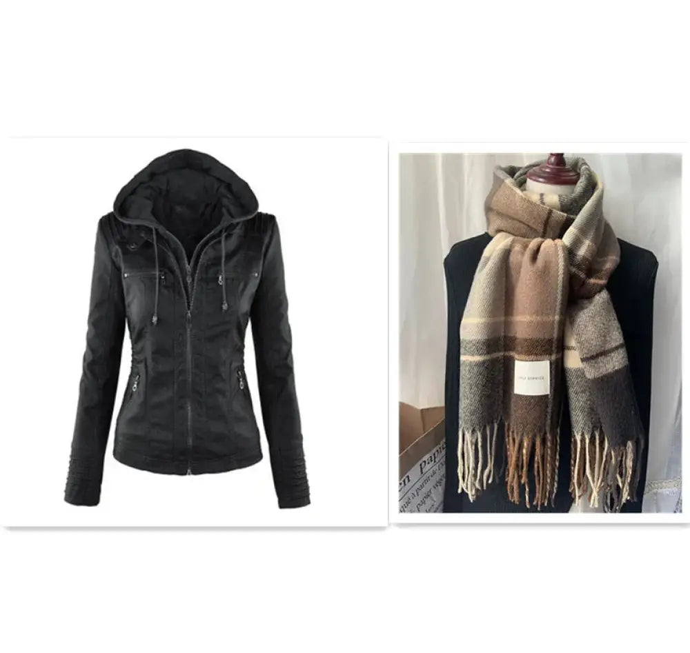 Black faux leather women’s hooded jacket with detachable hood zipper front and side pockets displayed from front