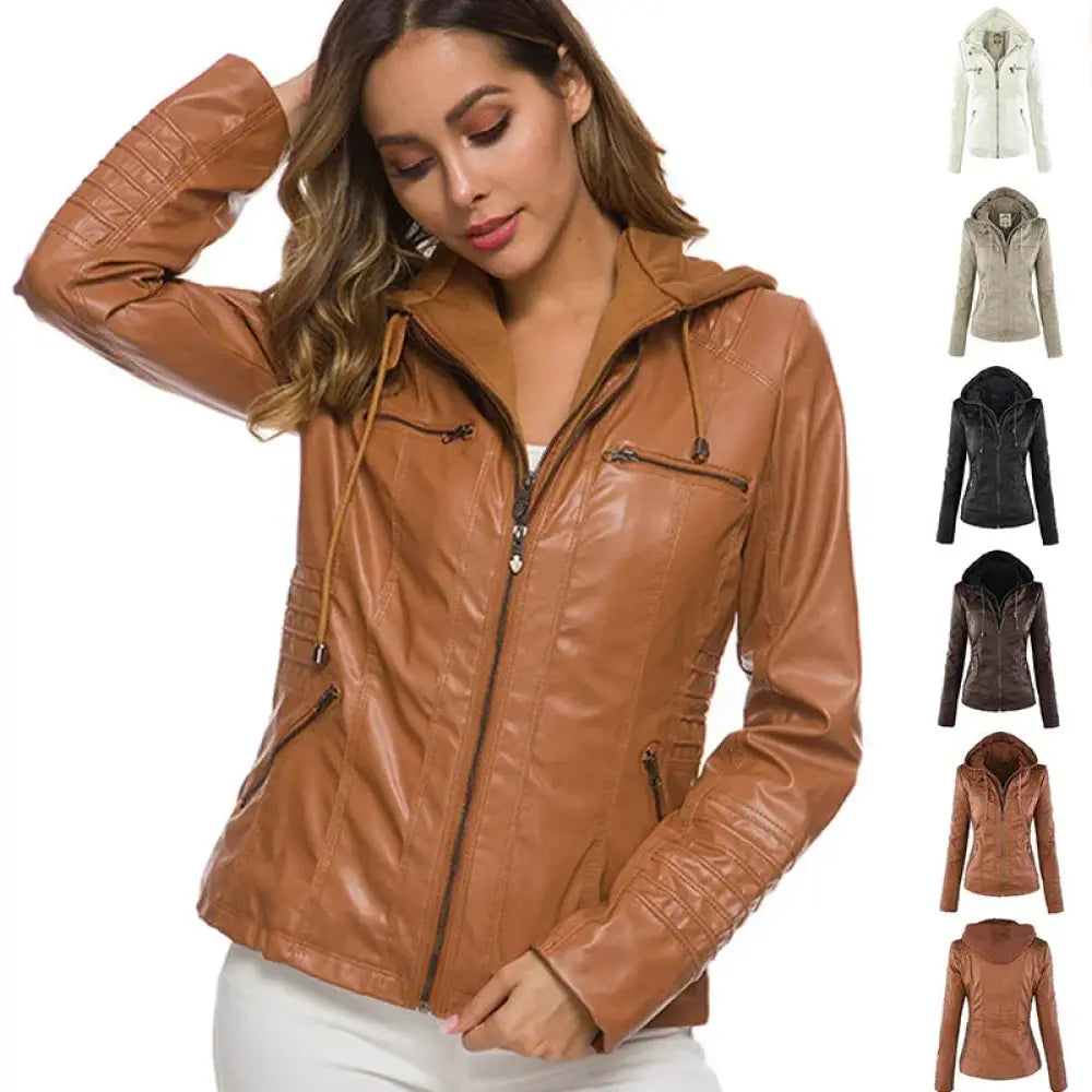 Women’s hooded faux leather jacket in tan with zippered front, side pockets, and detachable hood