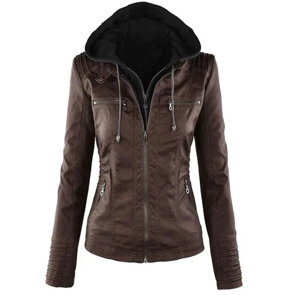 Women’s hooded faux leather jacket in brown with black lining silver zippers and detachable hood shown from the back