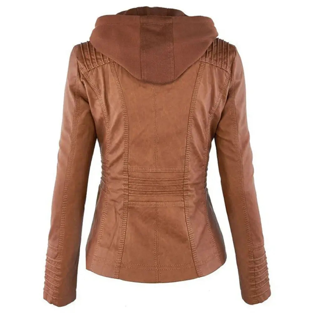 Women’s brown faux leather hooded jacket with detachable hood, stitched detailing, and ribbed cuffs shown from back