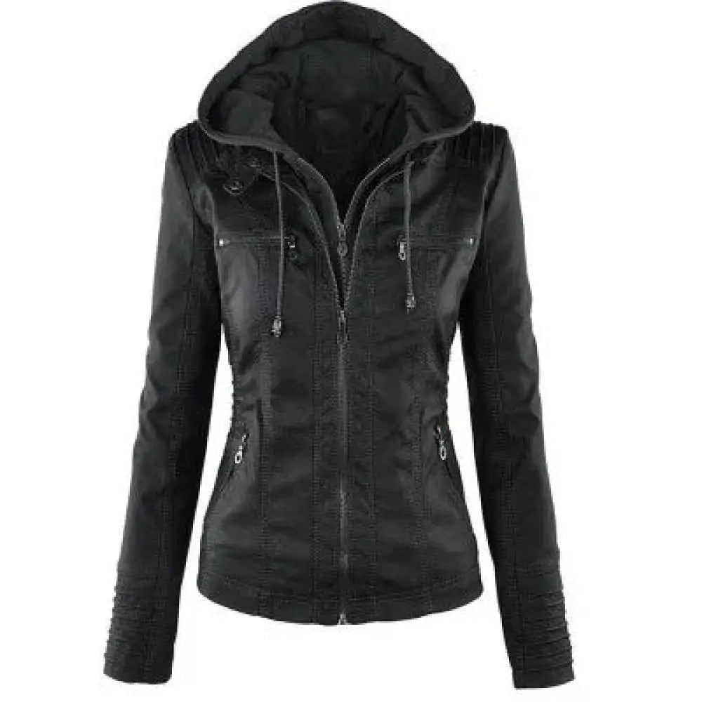 Black women’s hooded faux leather jacket with detachable hood zippered pockets and ribbed cuffs front view