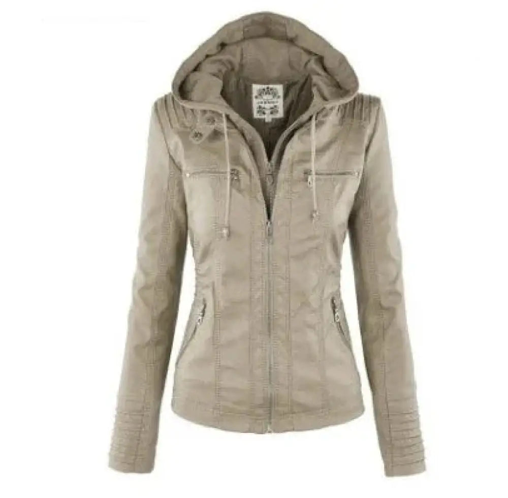 Beige women’s hooded faux leather jacket with zippered front, side pockets, and detachable hood