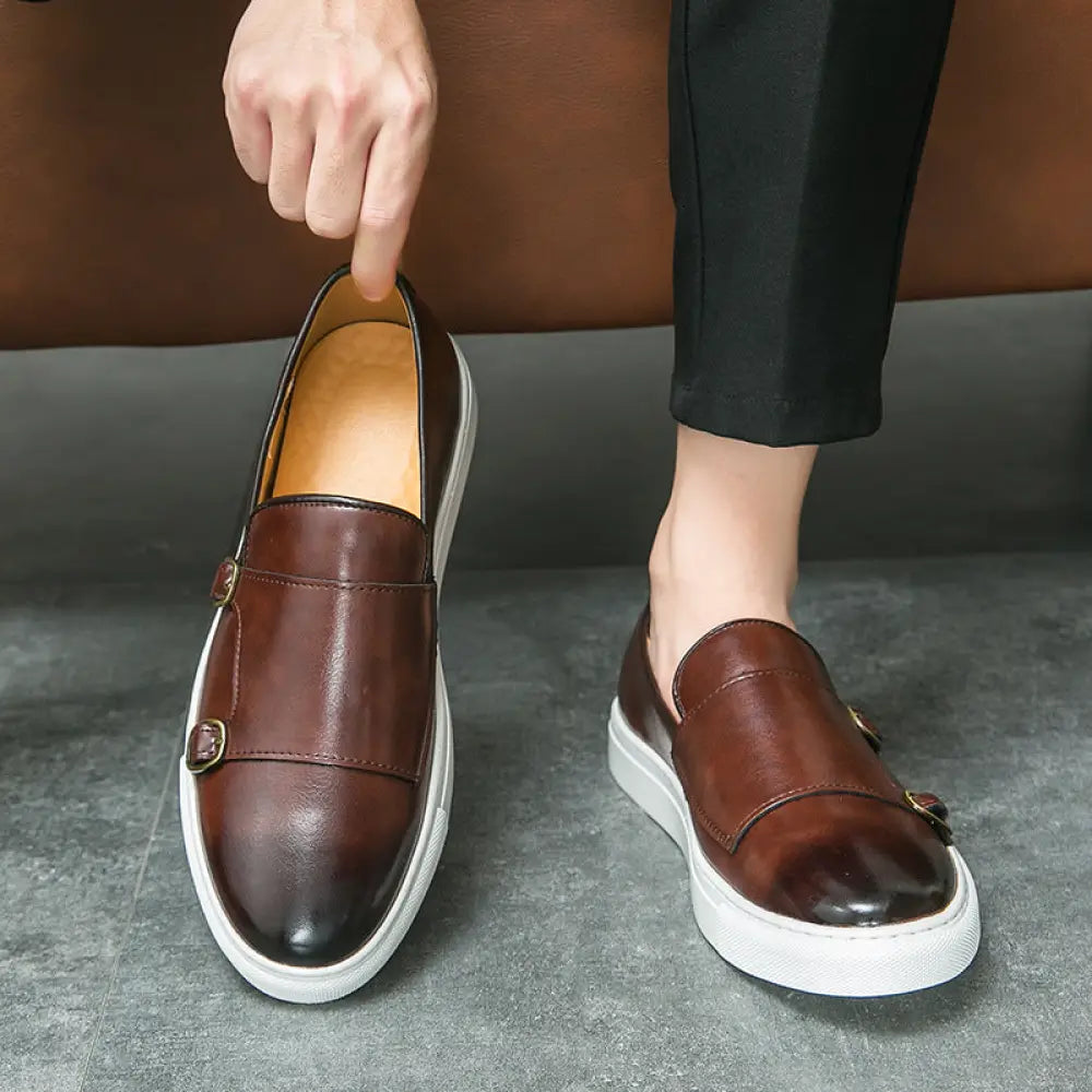 Men’s brown leather double monk strap fashion loafers with white rubber soles and slip-on design