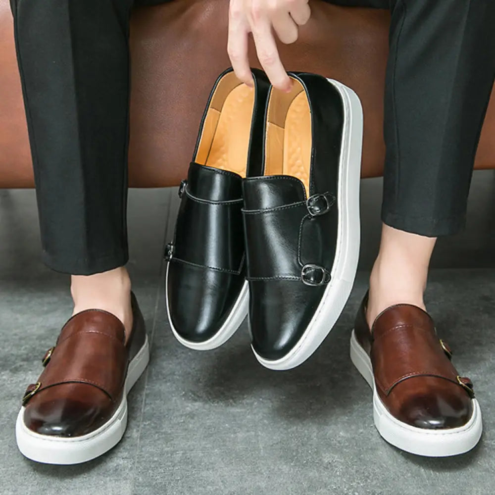 Men’s double monk strap leather fashion loafers in black and brown with white rubber slip-on soles
