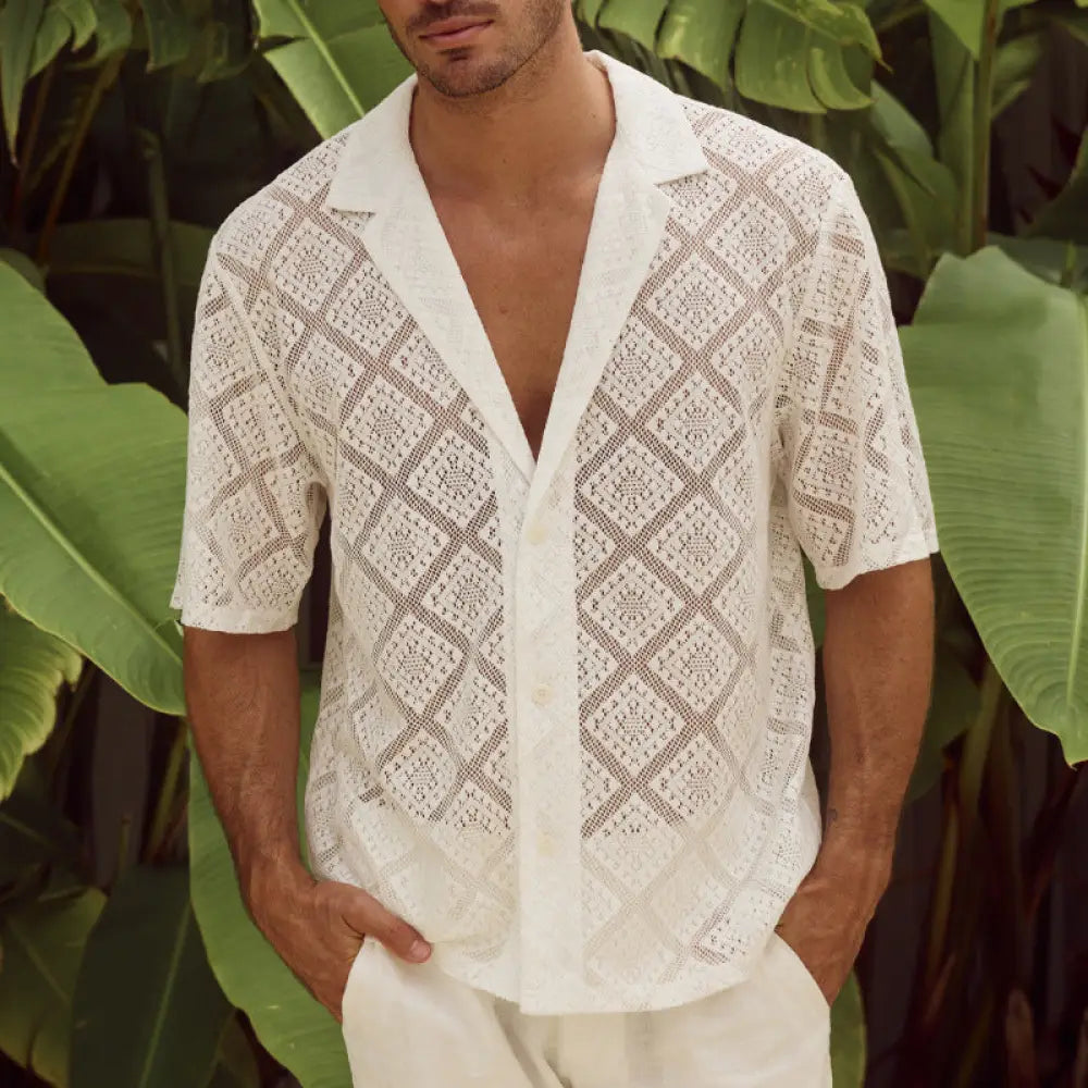 White men’s breathable short-sleeved button-up shirt with delicate diamond textured geometric lace pattern