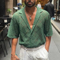 Men’s green breathable short-sleeved shirt with diamond textured weave and button-front design