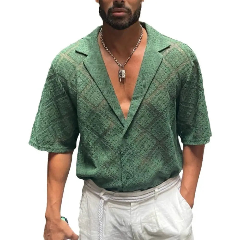 Green men’s breathable short-sleeved button-up shirt with diamond textured hollow lapel weave