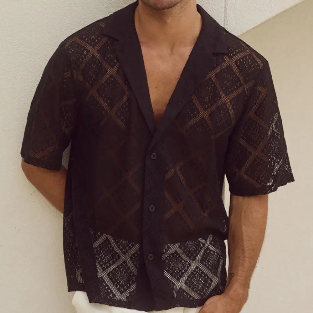 Men’s breathable black short-sleeved button-up shirt with diamond textured sheer geometric lattice pattern