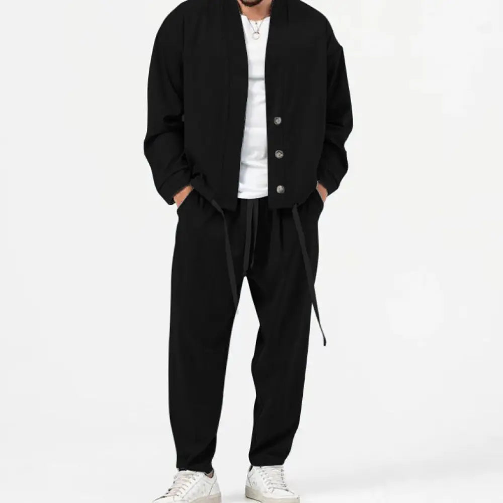 Men’s black slim fit bomber jacket with button-up front and drawstring waistband for smart casual business wear