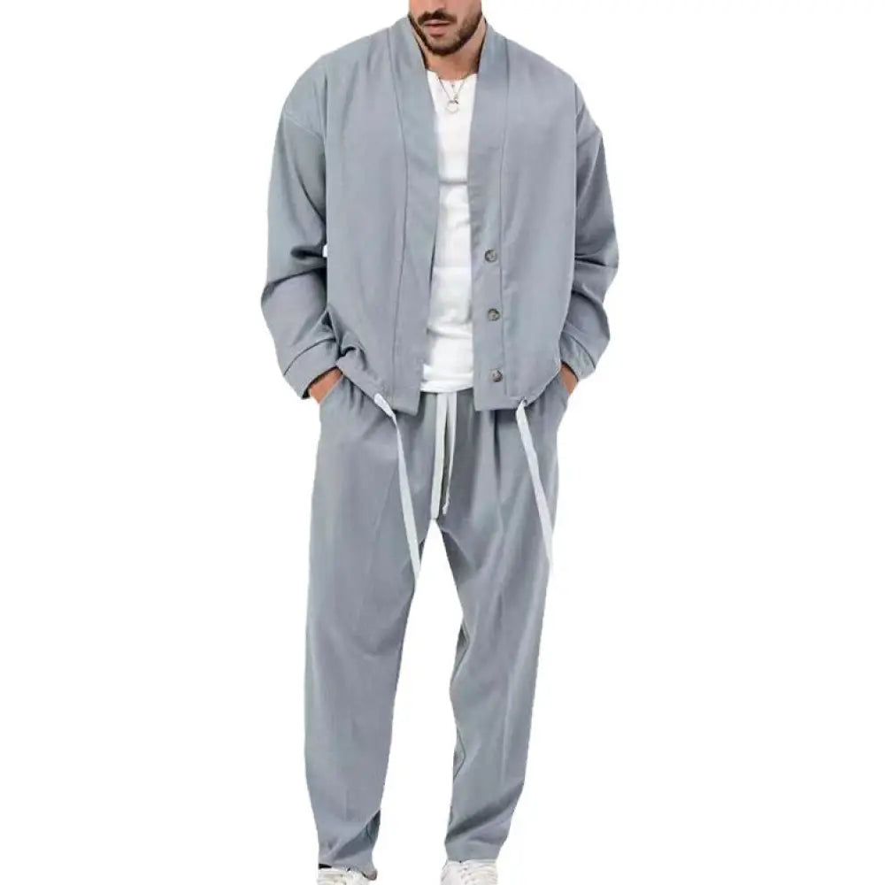 Men’s korean slim fit gray corduroy blazer with button closure and matching pants with white drawstrings for smart casual use