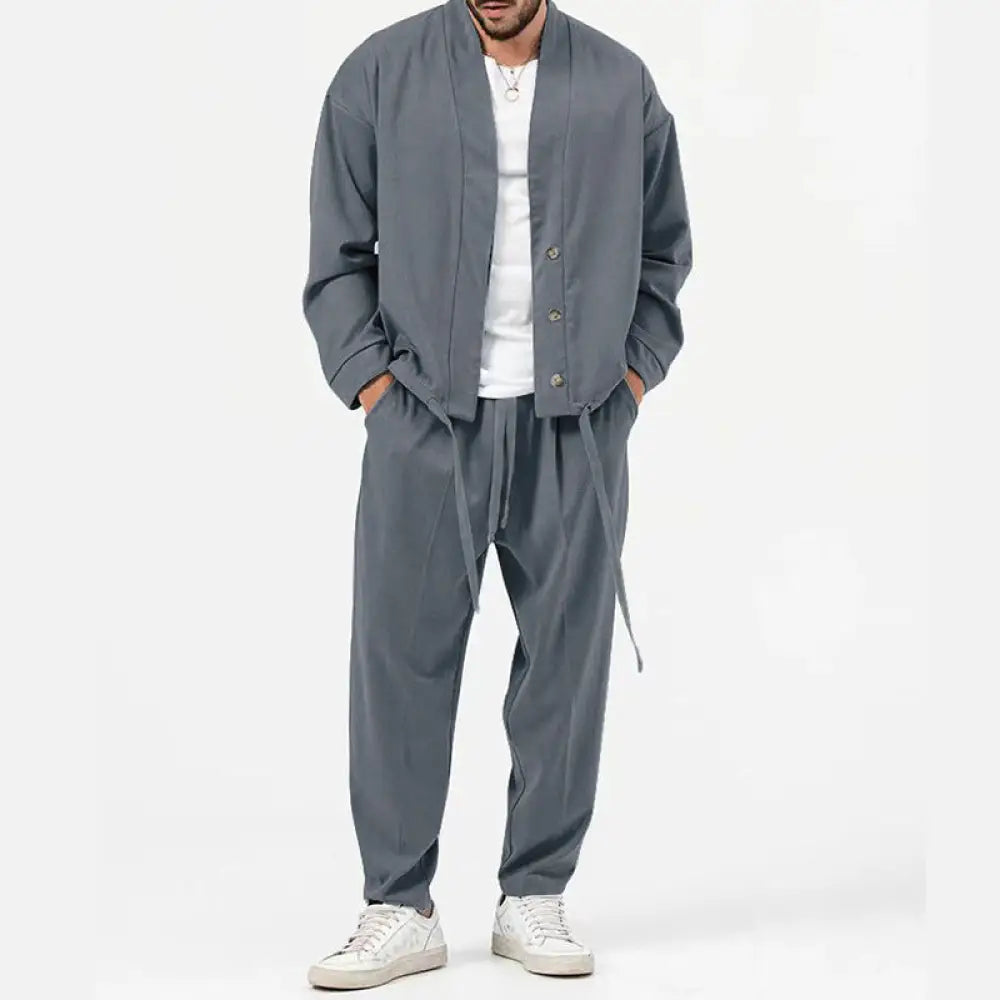 Men’s Korean slim fit gray corduroy blazer with button closure and matching drawstring pants for smart casual business