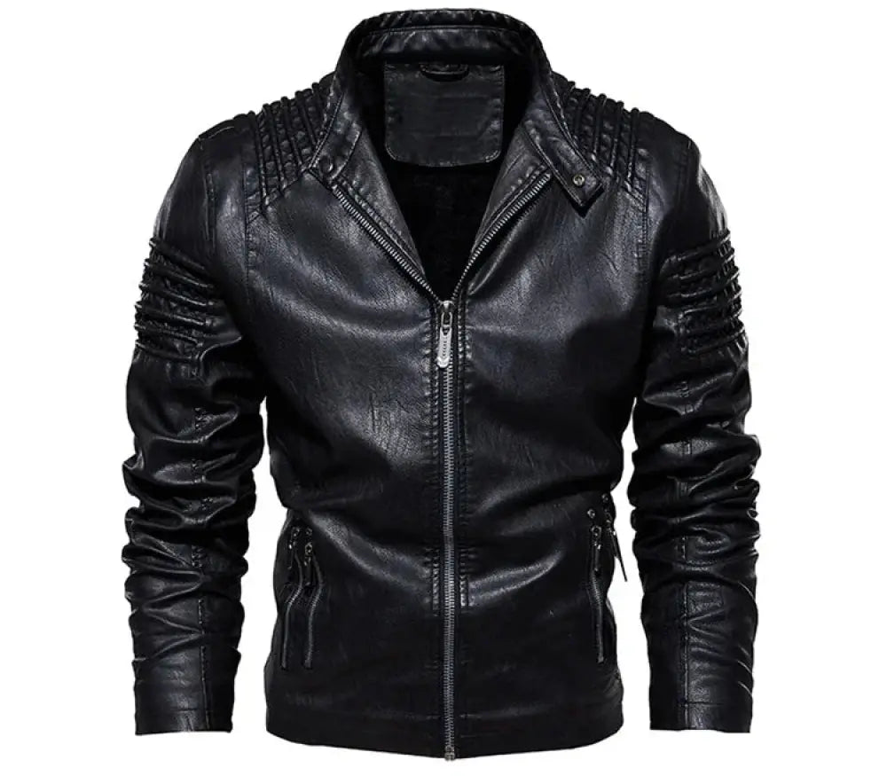 Men’s insulated motorcycle jacket in black faux leather with textured shoulder panels and ribbed sleeve detailing