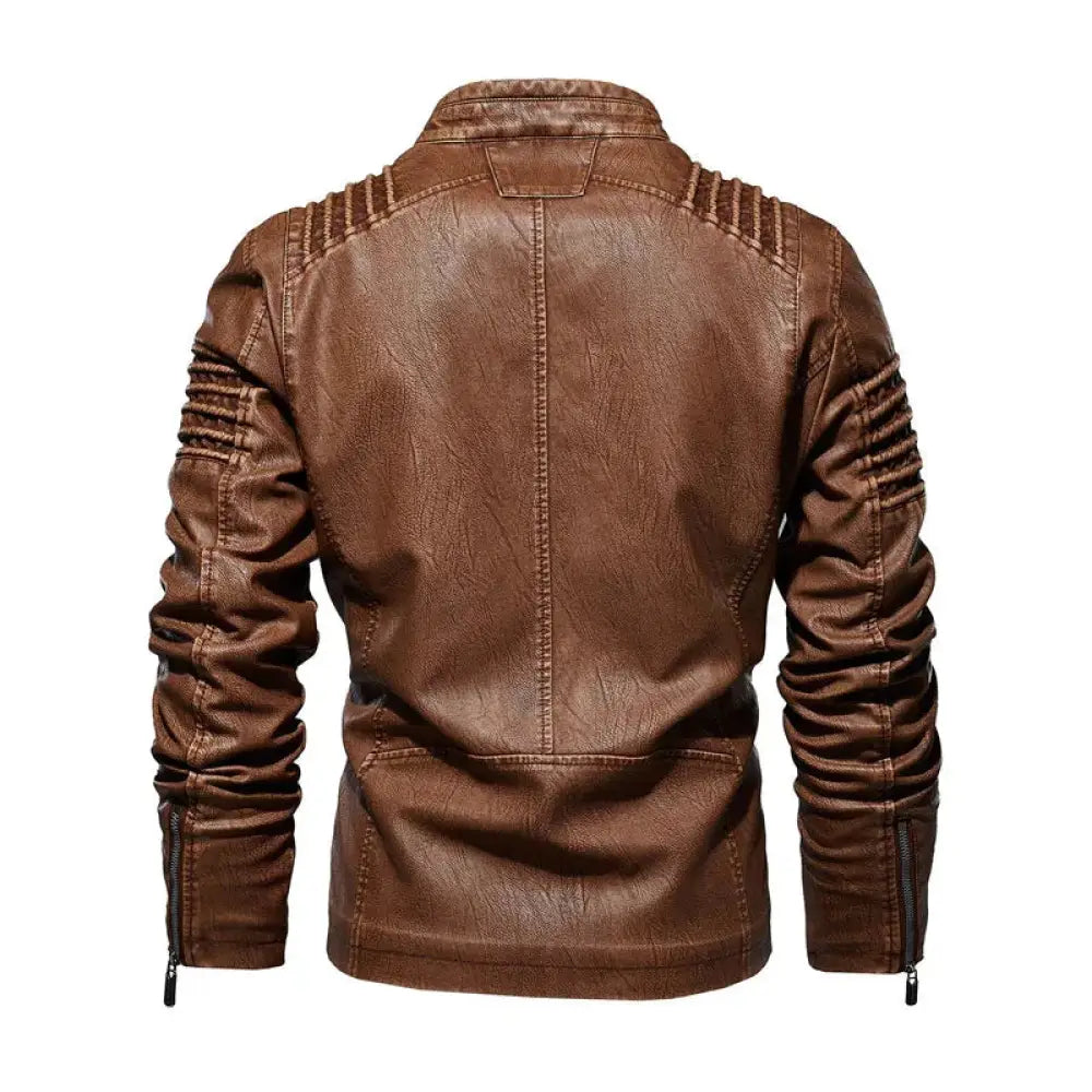 Men’s brown faux leather insulated motorcycle jacket with ribbed detailing on shoulders and sleeves
