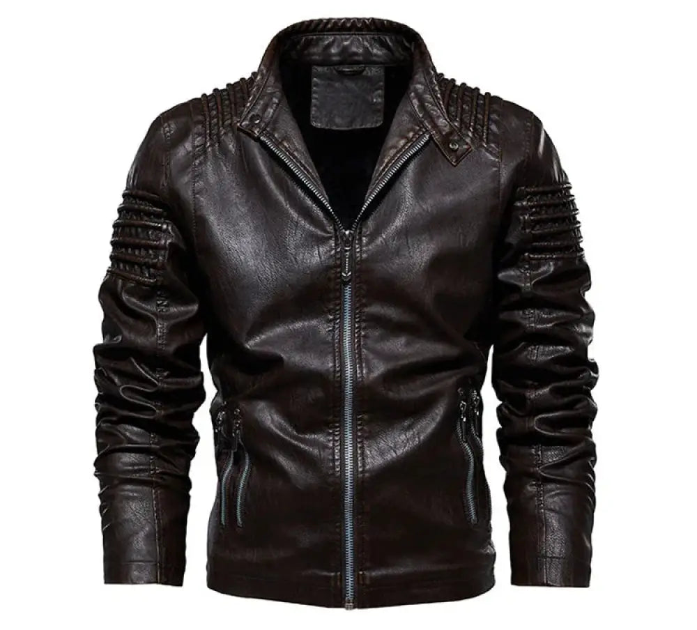 Black ribbed faux leather insulated motorcycle jacket with textured detailing on shoulders and sleeves front view