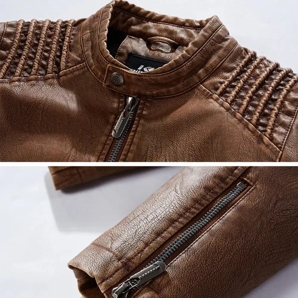 Men’s ribbed brown faux leather insulated motorcycle jacket with braided shoulder detailing and silver zippers
