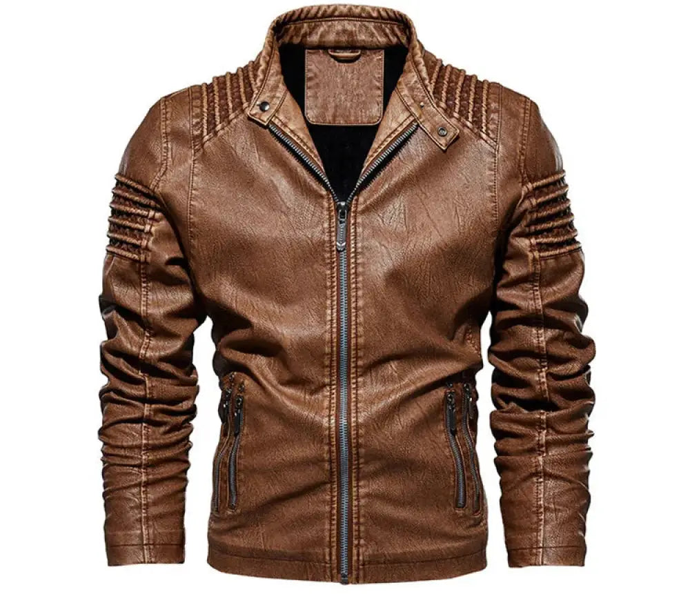 Men’s brown faux leather biker jacket with ribbed detailing on shoulders and sleeves for motorcycle use