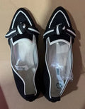 Black canvas woven pointed toe bow flat loafers with white piping and a matching striped bow for breathable summer wear