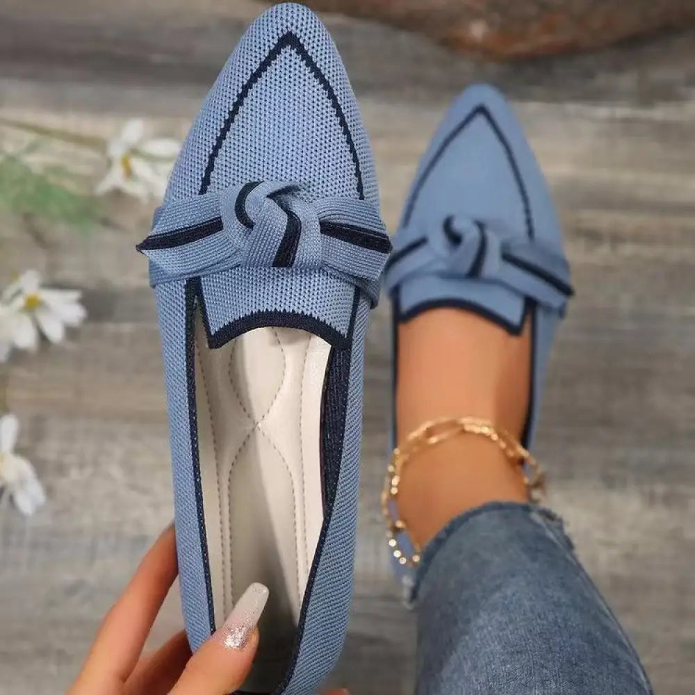 Light blue knitted woven pointed toe bow flat loafers with navy bow detail and dark trim for breathable summer wear