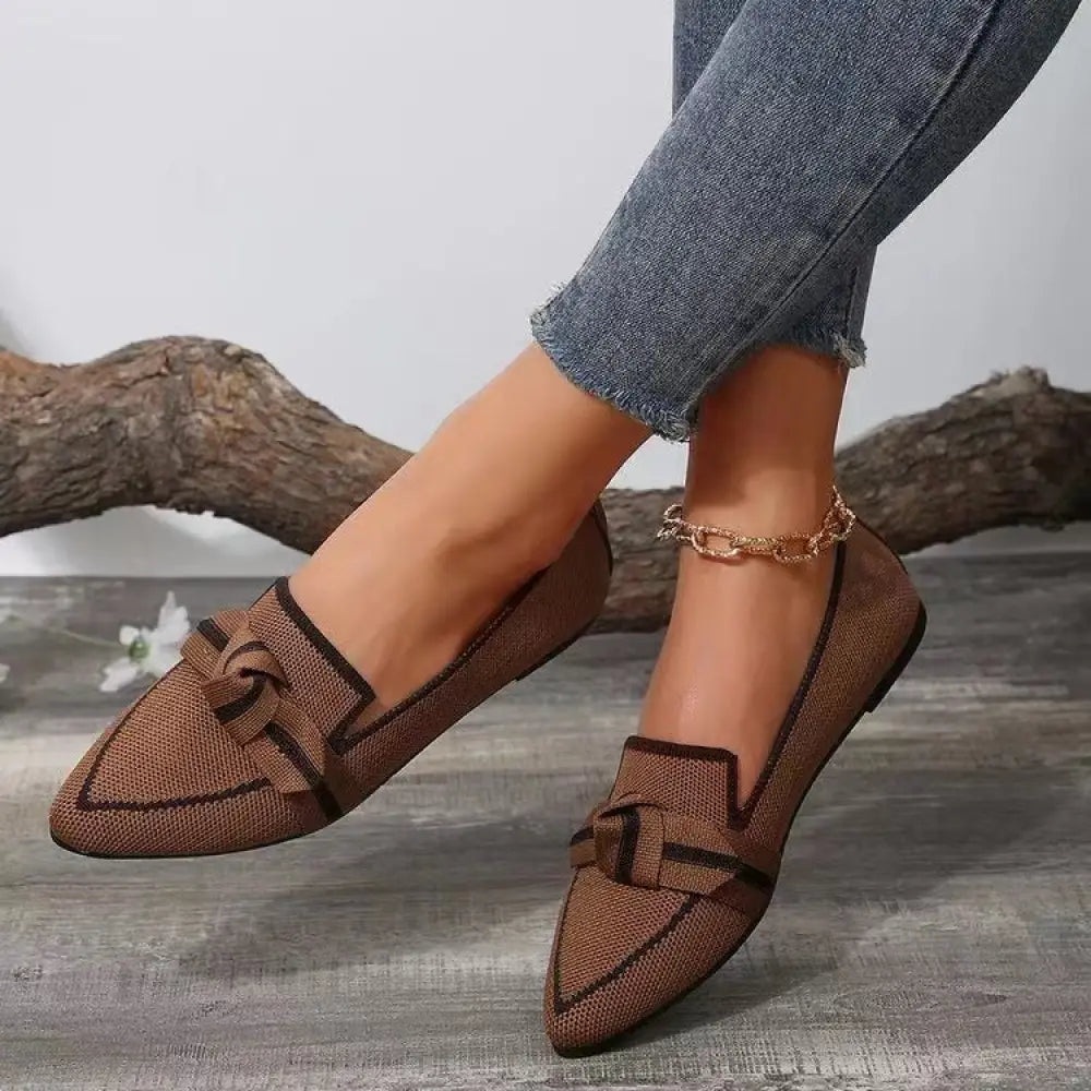 Brown knitted woven pointed toe bow flat loafers with black-trimmed bow detail breathable for summer use