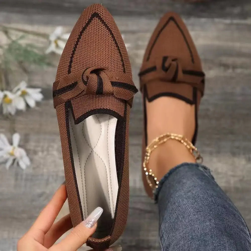 Brown woven pointed toe loafers with knotted bow detail and black trim breathable for summer wear