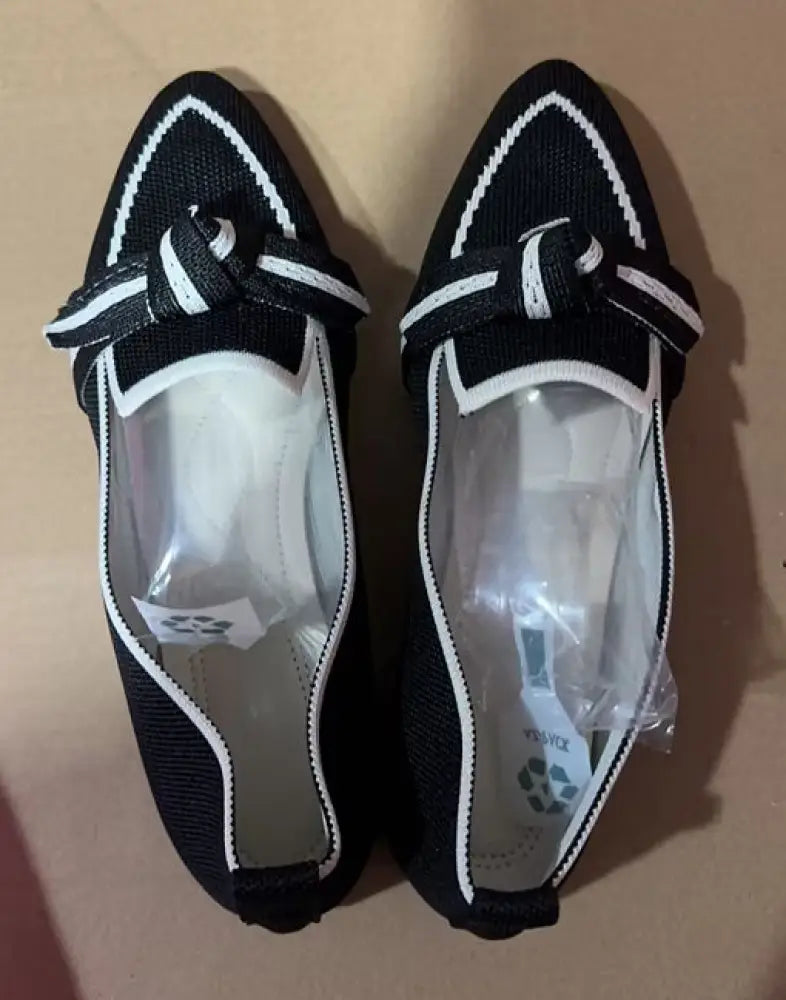 Black canvas woven pointed toe loafers with white piping and matching striped bow breathable for summer