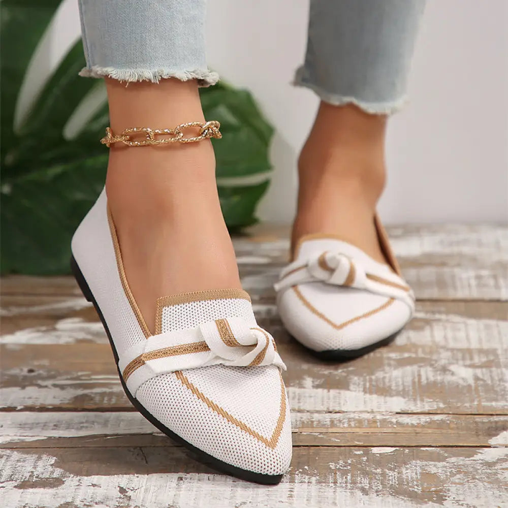 White woven pointed toe bow flat loafers with gold trim breathable mesh for summer wear