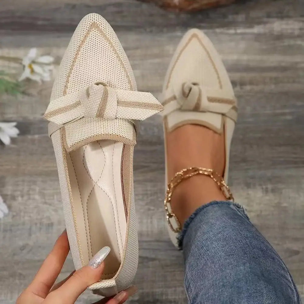 Beige mesh woven pointed toe loafers with breathable fabric bow for comfortable summer wear