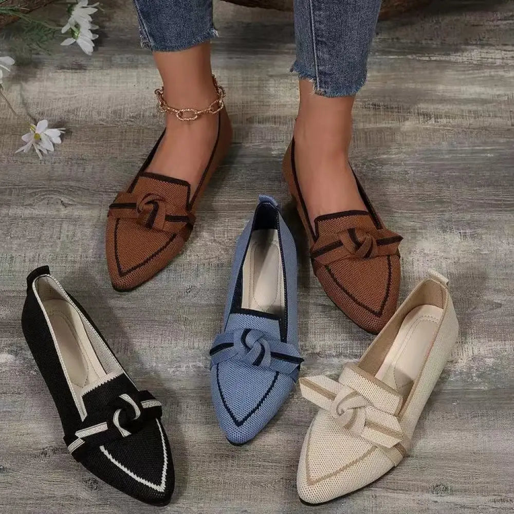Woven pointed toe bow flat breathable summer loafers in brown blue black and beige woven material with decorative bows