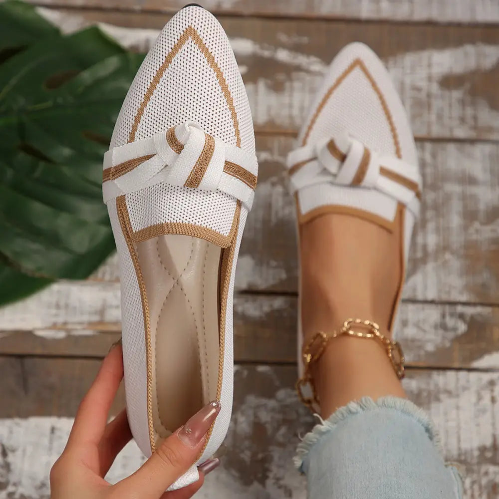 White woven mesh pointed toe loafers with gold trim and bow detail breathable for summer use