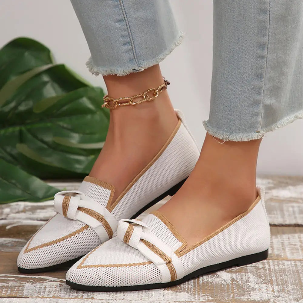 Woven pointed toe bow flat breathable summer loafers in white mesh with tan leather accents and decorative bow at the toe
