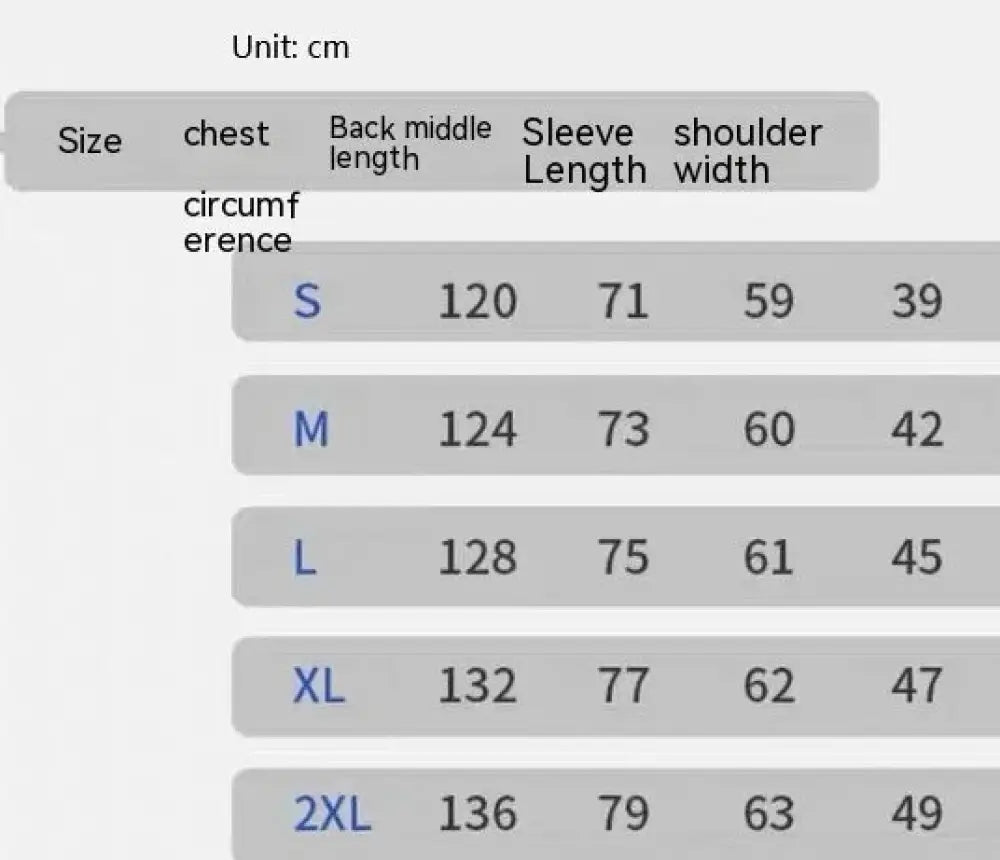 Size chart for men’s embroidered pu leather baseball bomber jacket showing measurements in centimeters from s to 2xl