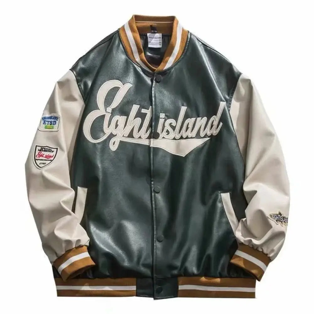 Men’s embroidered pu leather baseball bomber jacket in dark green and cream with white cursive lettering and brown trim